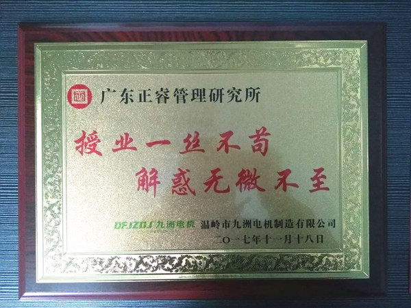 溫嶺市九洲電機制造有限公司贈與廣州正睿授業(yè)一絲不茍與，解惑無微不至牌匾